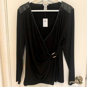 Caché faux leather trim long sleeve wrap top